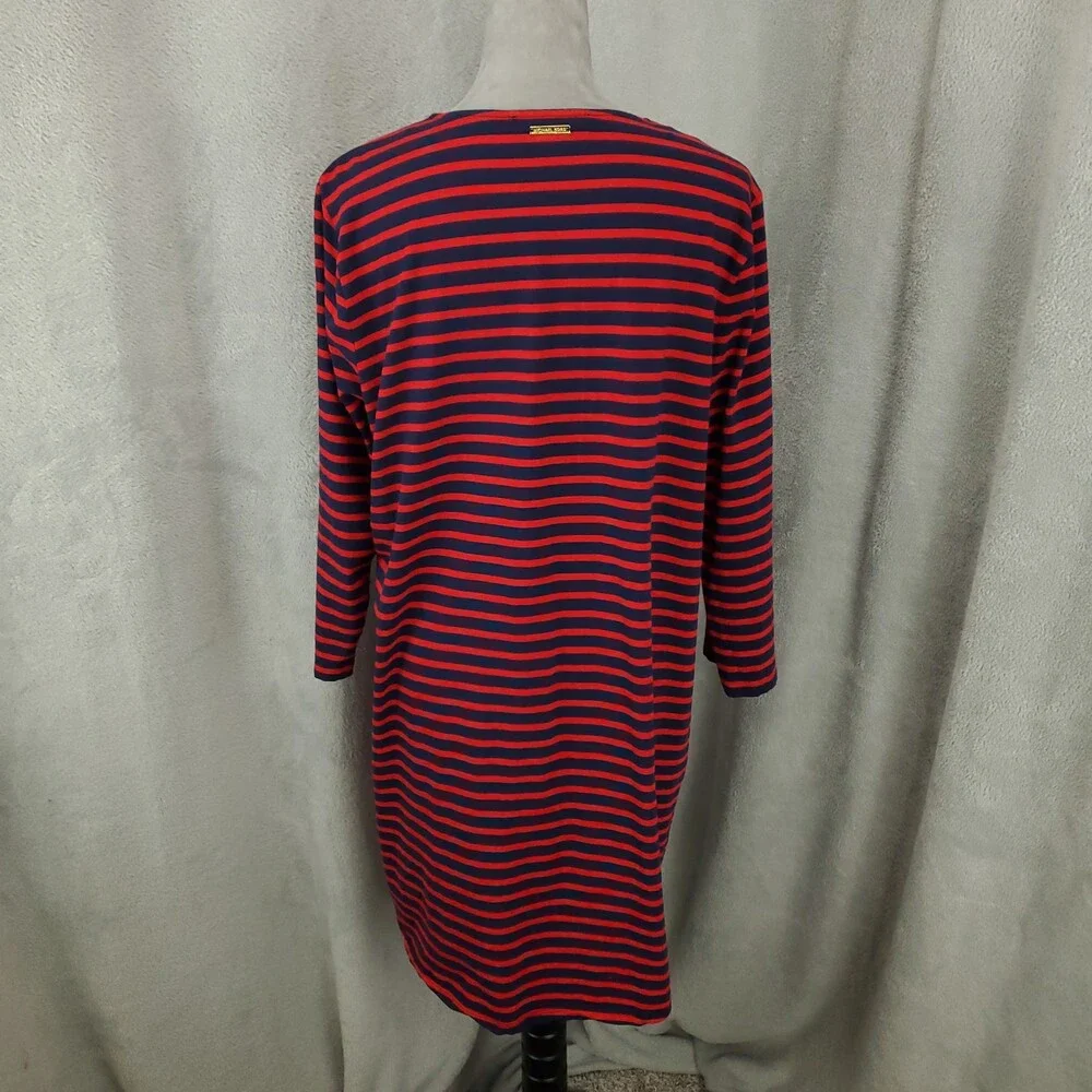 Michael Kors Lace Up Neck Dress Womens XL Shift Knit Striped Red Blue